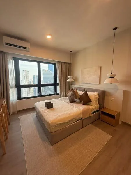 Bedroom features: king-size bed, upholstered headboard, 2 bedside lamps, wooden bedside table, floor-to-ceiling windows, curtains, air conditioning unit, light fixture, area rug, wooden flooring, decorative wall art; style: modern; view: city.
