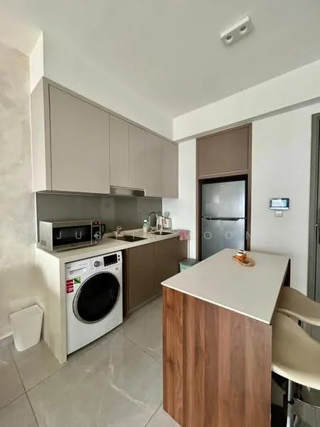 Kitchen features: light grey cabinetry, dark wood cabinetry, white countertop, single-bowl stainless-steel sink, chrome pull-down faucet, built-in refrigerator, freestanding washing machine, bar seating with two stools, ceramic tile flooring, recessed downlights, wall-mounted control panel, white walls; style: modern.