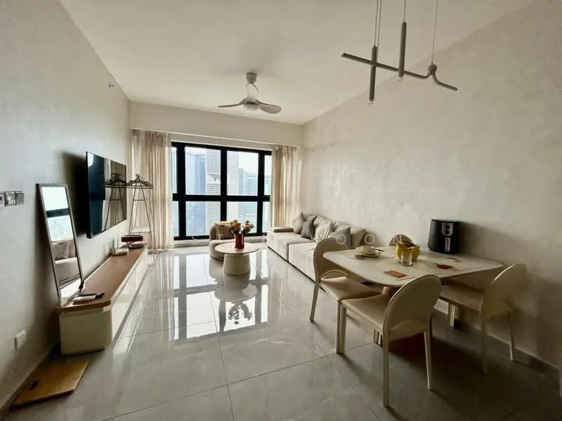 Living features: white painted walls, grey tiled flooring, 5-blade ceiling fan with light, sofa with cushions, coffee table, wall-mounted TV, TV console, floor-to-ceiling windows, sheer curtains, dining table with 4 chairs, decorative vase, area rug; style: modern; view: city.