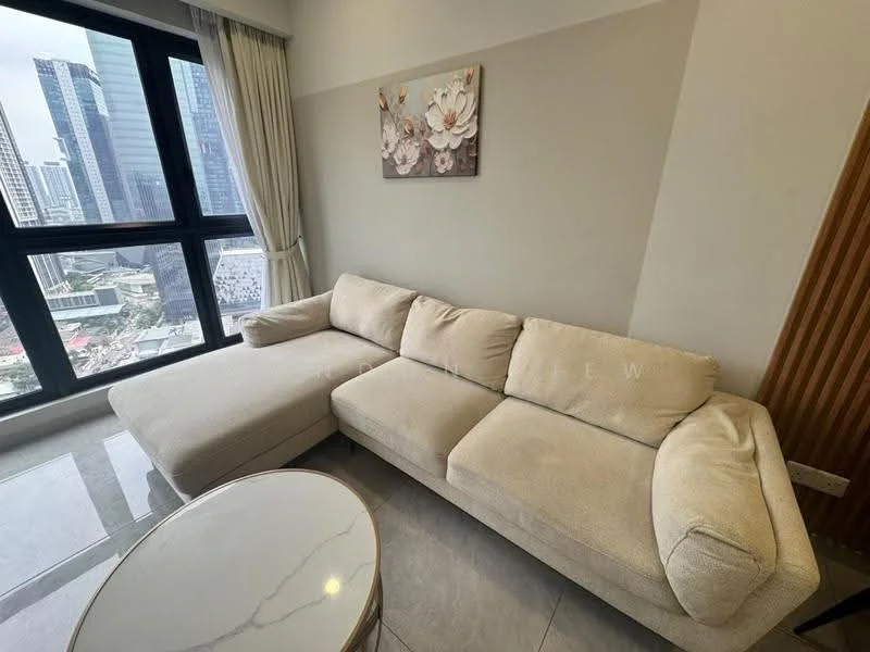 Living features: L-shape sectional sofa in beige, round coffee table with marble top, floor-to-ceiling windows, curtains, framed artwork on wall, grey accent wall, tile flooring, city view; style: modern; view: city.