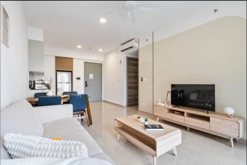 Living features: 3-seater fabric sofa in light grey, wooden coffee table, TV console in light wood, wall-mounted TV, ceiling fan with light, recessed downlights, cream painted walls, marble tile flooring, open-plan layout with dining area, large window for natural light, decorative wall art, area rug with geometric pattern; style: modern. Dining features: 4-seater dining table in light wood, upholstered dining chairs, open shelving in background, kitchen area visible, refrigerator visible; style: modern.