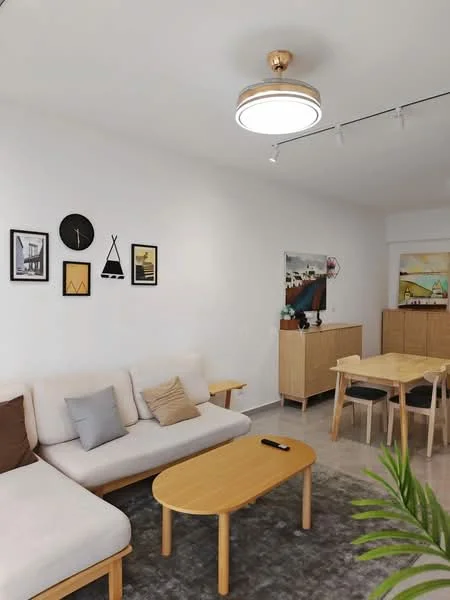 Living features: L-shape sectional sofa in beige, wooden coffee table, 4-seater dining table, wooden dining chairs, light grey area rug, wall-mounted clock, framed artwork on walls, recessed LED downlights, ceiling light fixture, wooden sideboard, decorative plants; style: modern.