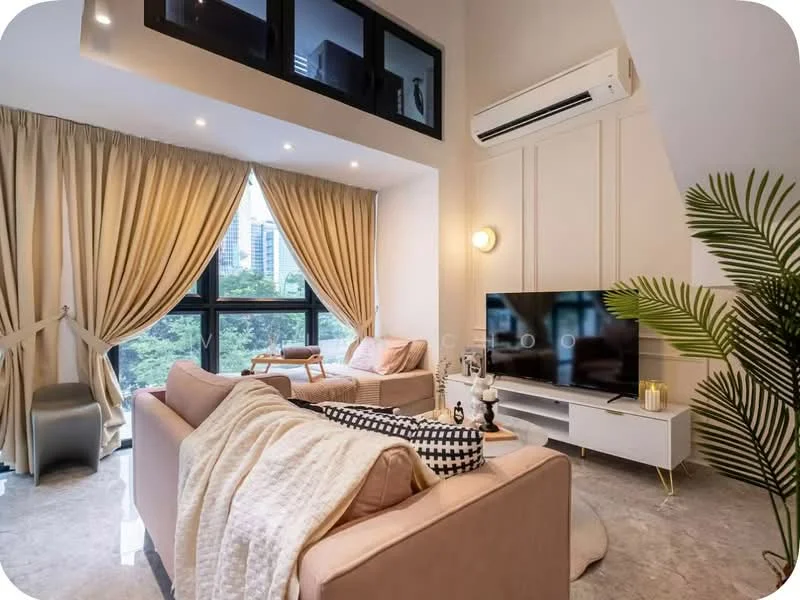Living features: floor-to-ceiling windows, sheer curtains, 3-seater fabric sofa in light pink, 2-seater fabric sofa in beige, coffee table, TV console, wall-mounted TV, recessed downlights, air conditioning unit, decorative plant, area rug, decorative cushions, side table with lamp; style: modern; view: city.