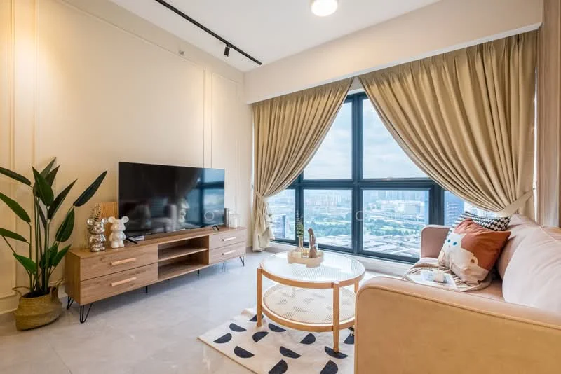 Living features: floor-to-ceiling windows, beige fabric sofa, wooden TV console, wall-mounted TV, round coffee table, decorative area rug with geometric pattern, indoor plant, curtains, recessed downlights, light-colored walls, grey tile flooring; style: modern; view: city.