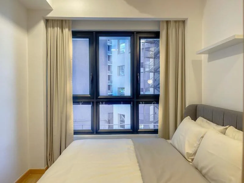 Bedroom features: queen-size bed with grey upholstered headboard, white bedding, floor-to-ceiling windows, sheer curtains, dark wood flooring, light grey accent wall, shelf above the bed, decorative wall paneling; style: modern; view: city.
