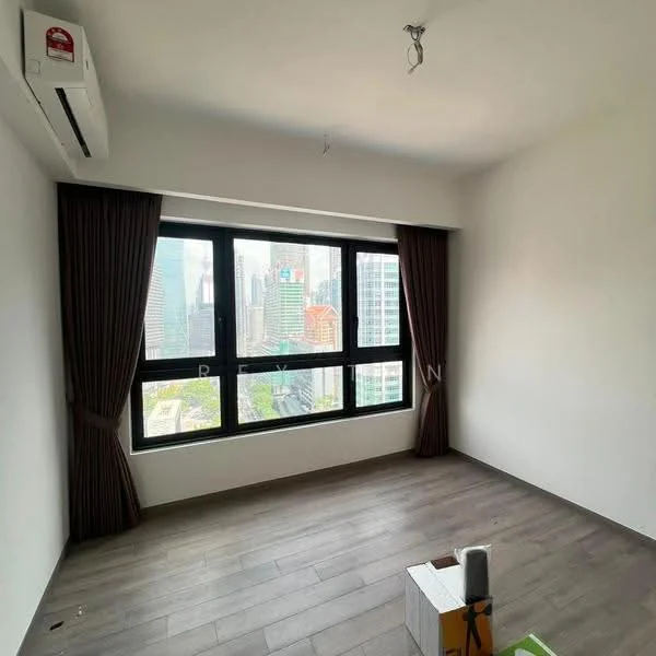 Room features: white painted walls, wooden flooring, floor-to-ceiling windows, brown curtains, 1 wall-mounted split AC, city view; style: modern; view: city.