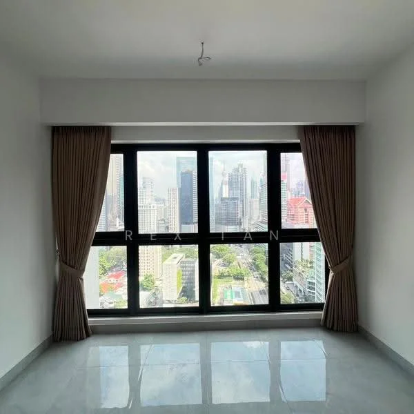 Room features: floor-to-ceiling windows, grey marble tile flooring, white painted walls, curtains in beige, city skyline view; style: modern; view: city.