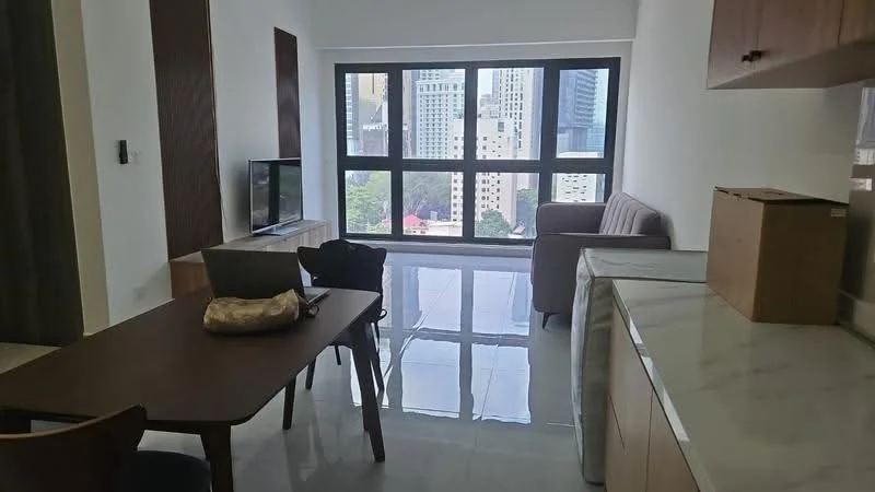 Living features: floor-to-ceiling windows, grey fabric sofa, wooden dining table, 4 wooden chairs, television on wooden console, marble countertop, white cabinetry, glossy tile flooring, city view; style: modern; view: city.