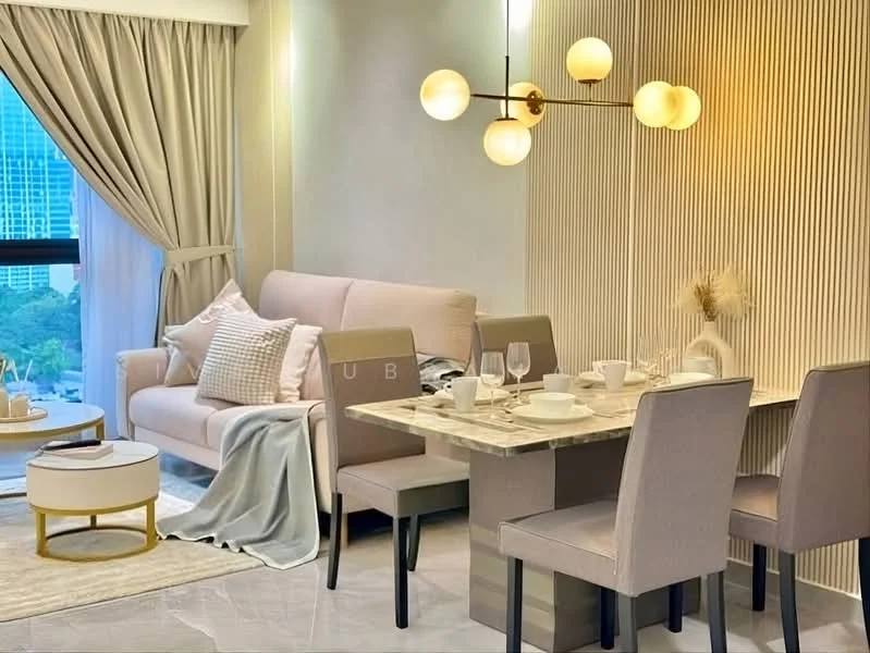 Dining features: marble dining table, 4 upholstered dining chairs, pendant light fixture with multiple globes, beige fabric sofa, light grey throw blanket, floor-to-ceiling windows, sheer curtains, decorative wall with vertical slats, area rug, glassware on the table, table setting with plates and cutlery; style: modern; view: city.