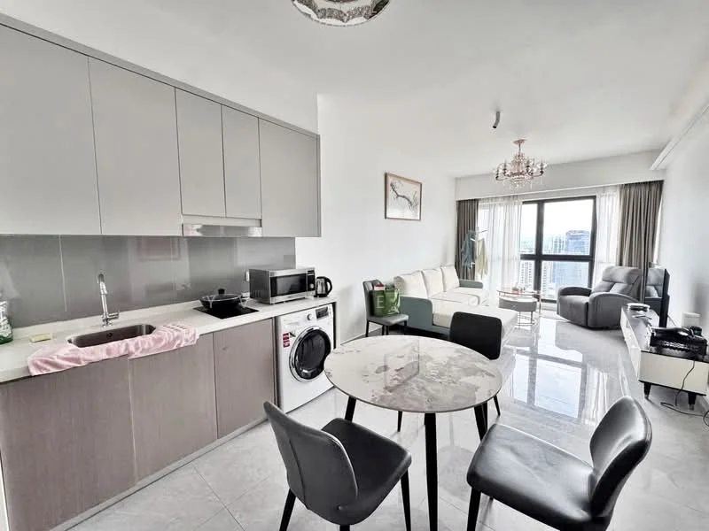 Kitchen features: grey cabinetry, white countertop, stainless-steel sink, chrome pull-down faucet, built-in microwave, freestanding range oven, washing machine, black appliances; style: modern. Living features: 3-seater fabric sofa in white, armchair in grey, coffee table, TV console, wall-mounted TV, large window with city view, chandelier, decorative artwork; style: modern; view: city. Dining features: round dining table, 4 black dining chairs; style: modern.