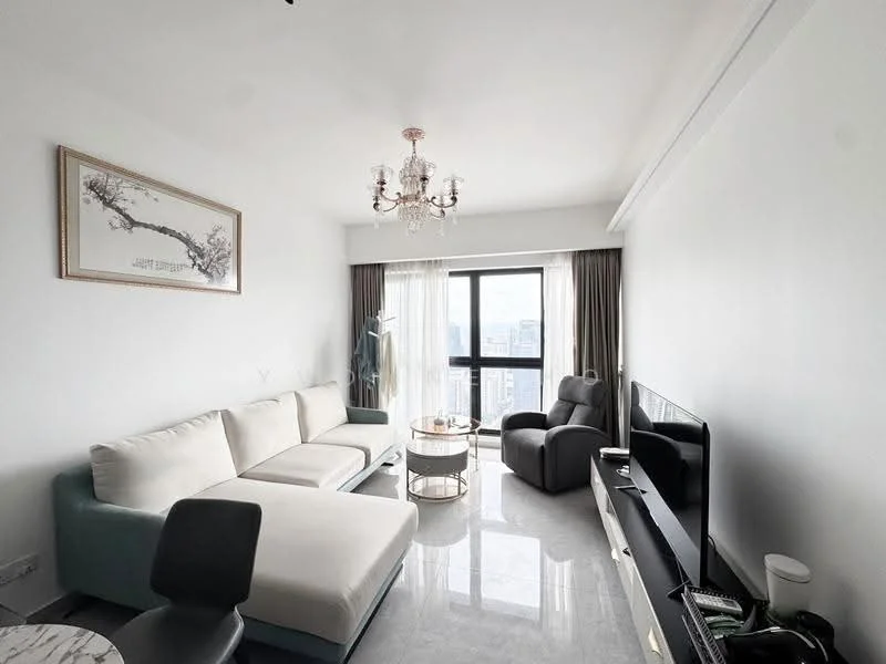 Living features: L-shape sectional sofa in light beige, glass coffee table, TV console, wall-mounted TV, chandelier, floor-to-ceiling windows, curtains, marble tile flooring, decorative wall art, armchair in dark grey, side table; style: modern; view: city.