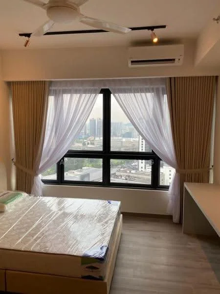 Bedroom features: floor-to-ceiling windows, sheer curtains, blackout curtains, 1 wall-mounted split AC, wooden flooring, queen-size bed with mattress, study desk, decorative wall, city view; style: modern; view: city.