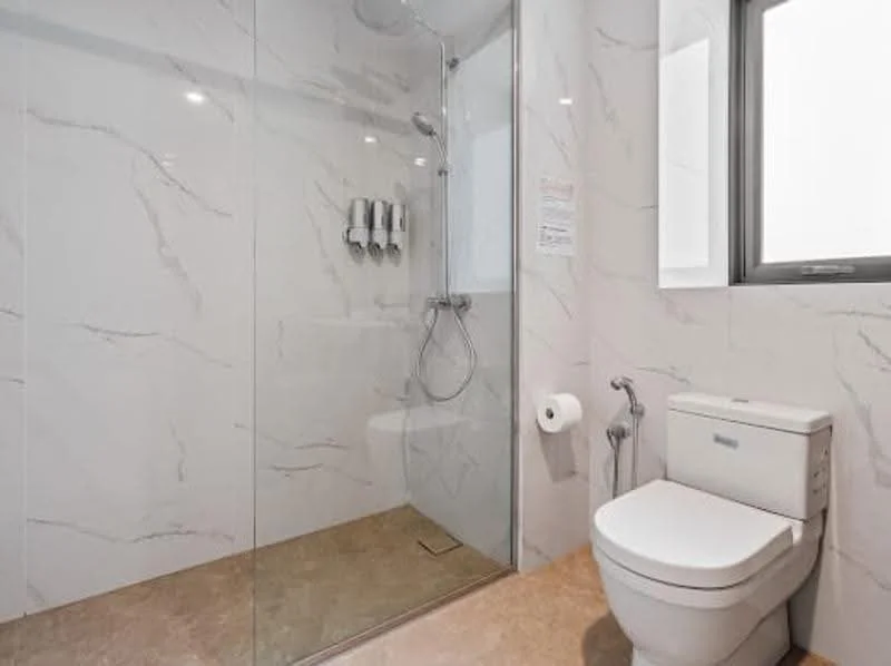 Bathroom features: glass shower enclosure, rain shower head, handheld shower, white toilet, bidet spray, marble tile walls, stone tile flooring, window, towel rack, toilet paper holder; style: modern.
