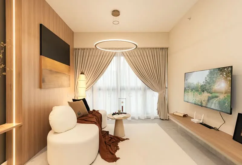 Living features: white circular sofa, wooden accent wall, wall-mounted TV, light wood TV console, recessed lighting, round pendant light, floor-to-ceiling windows, sheer curtains, decorative throw pillows, area rug, decorative vase, coffee table; style: modern.