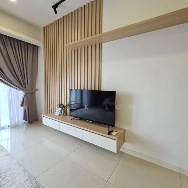 Living features: light-coloured tiled flooring, wooden feature wall with vertical slats, white TV console, wall-mounted flat-screen TV, sheer curtains, floor-to-ceiling windows, recessed lighting, decorative items on console; style: modern.