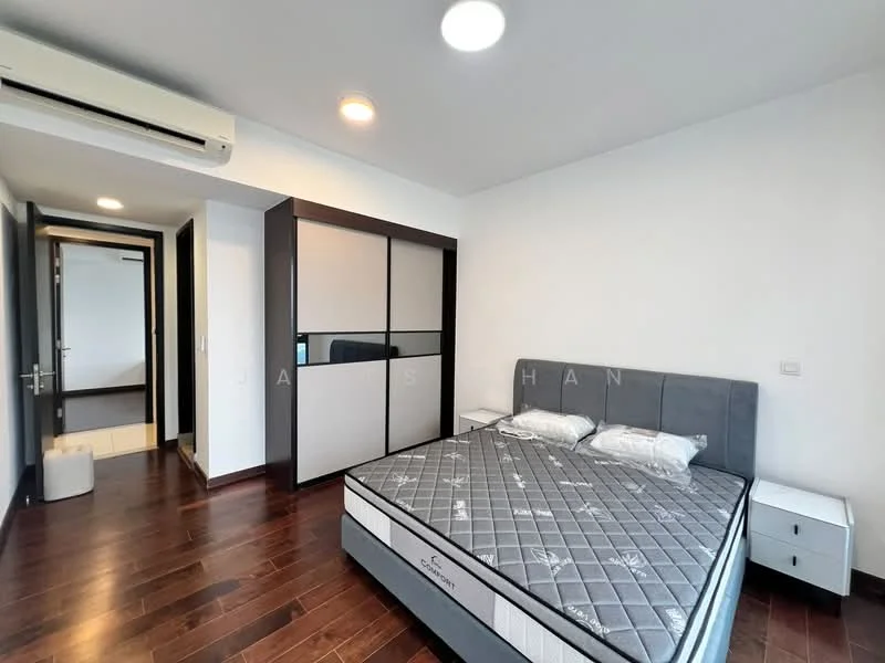 Bedroom features: queen-size bed, upholstered headboard, wood flooring, built-in wardrobe with sliding doors, recessed ceiling lights, 1 wall-mounted split AC, decorative wall paneling, neutral painted walls, floor-to-ceiling window, curtains; style: modern. Hallway features: neutral painted walls, wood flooring, doorway to bathroom, doorway to living area; style: modern.