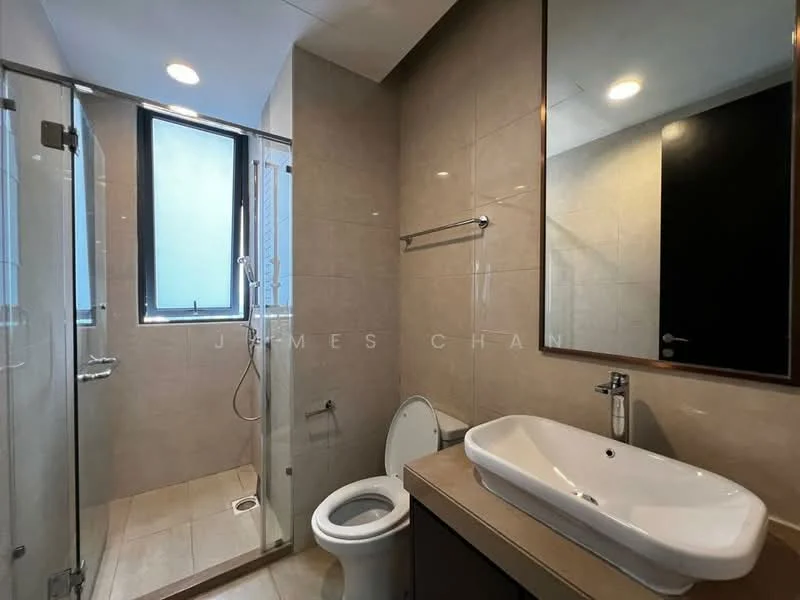 Bathroom features: walk-in shower with glass enclosure, rain shower head, handheld shower, single-sink vanity with wood cabinet, white ceramic sink, chrome basin mixer, one-piece toilet, tile flooring, light-colored wall tiles, mirror above vanity, recessed downlights, window for natural light; style: modern.