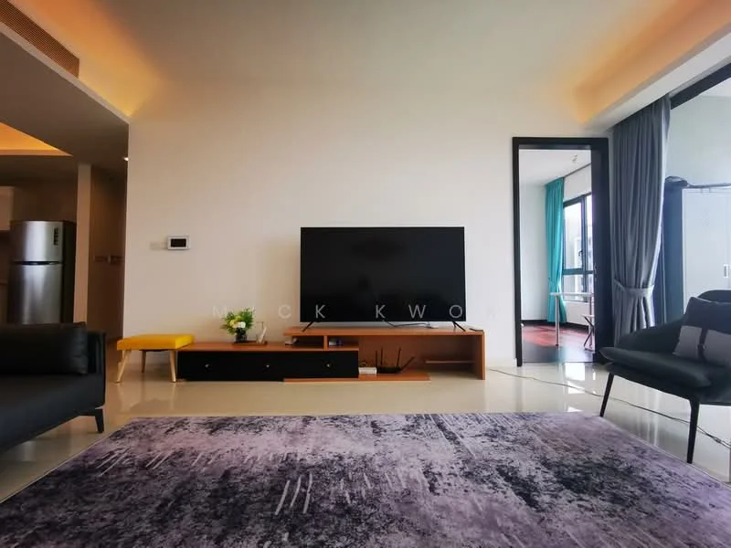 Living features: large flat-screen TV on media console, black media console, grey area rug, black leather armchair, black fabric sofa, yellow accent table, recessed ceiling lights, floor-to-ceiling windows, curtains in teal, marble flooring; style: modern; view: city.