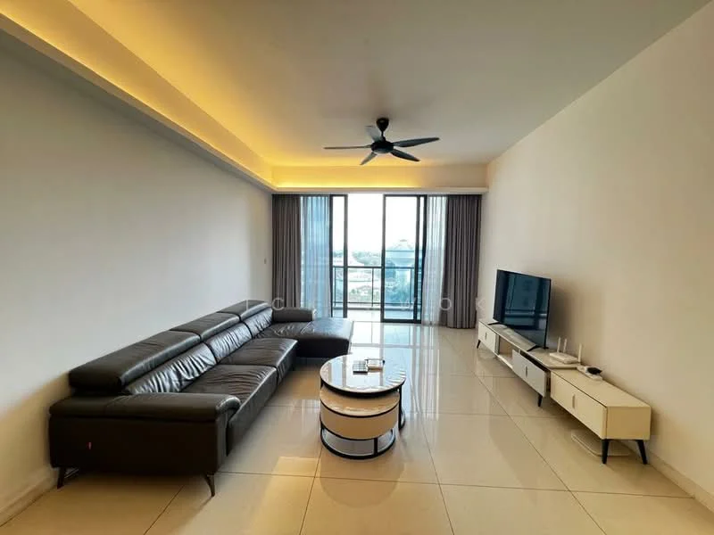 Living features: 3-seater leather sofa in dark brown, round coffee table with black and white design, wall-mounted TV, TV console in white with black legs, floor-to-ceiling windows, grey curtains, recessed LED downlights, polished ceramic tile flooring, ceiling fan with light, neutral painted walls, decorative items on coffee table; style: modern; view: city.