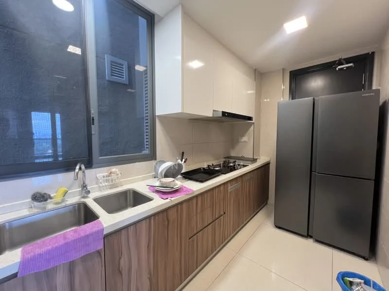 Kitchen features: double-bowl stainless-steel sink, chrome pull-down faucet, granite countertop, white cabinetry with flat-panel design, built-in gas hob, built-in oven, stainless-steel fridge, ceramic tile flooring, grey painted walls, recessed downlights, floor-to-ceiling windows, dish rack, kitchen utensils; style: modern.