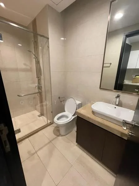 Bathroom features: walk-in shower with glass enclosure, chrome handheld shower, chrome rain shower head, single-sink vanity with wood cabinet, white oval ceramic sink, chrome basin mixer, framed mirror, one-piece toilet, tile cladding on walls, beige floor tiles, recessed downlights; style: modern.