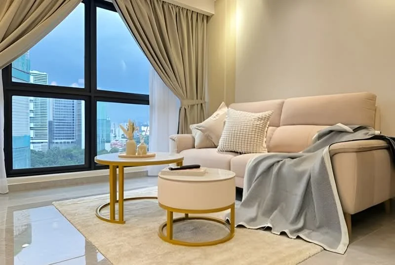 Living features: beige fabric sofa, two round coffee tables, one white coffee table with gold base, one gold coffee table, area rug, floor-to-ceiling windows, curtains, decorative throw blanket, decorative cushions, city view; style: modern; view: city.