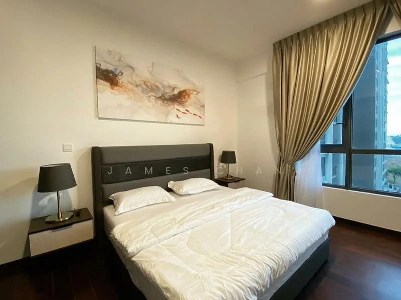 Bedroom features: king-size bed, upholstered headboard, white bedding, two bedside lamps, dark wood nightstands, floor-to-ceiling windows, sheer curtains, dark wood flooring, abstract artwork on wall; style: modern; view: city.