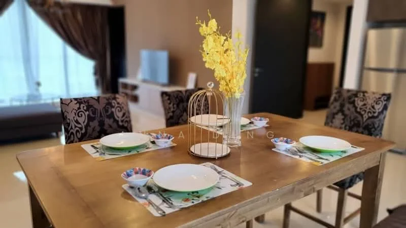 Dining features: wooden dining table, 4 upholstered dining chairs with floral pattern, white dinner plates, colorful side bowls, decorative birdcage centerpiece, table placemats, floor-to-ceiling windows with sheer curtains, wall-mounted TV in background, light-colored walls, neutral flooring; style: modern; view: city.