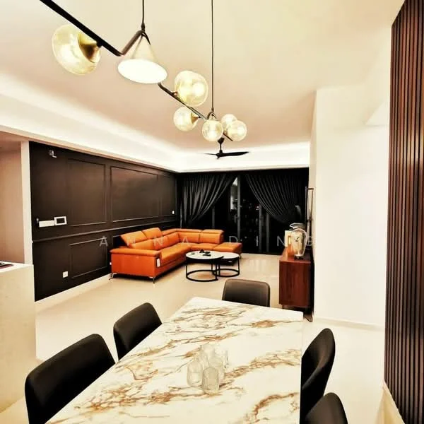 Living features: 3-seater orange leather sofa, coffee table with black frame, marble dining table, upholstered dining chairs, recessed ceiling lights, pendant light fixture with glass bulbs, dark accent wall, floor-to-ceiling windows with black curtains, light-colored flooring, decorative wooden cabinet; style: modern; view: city.