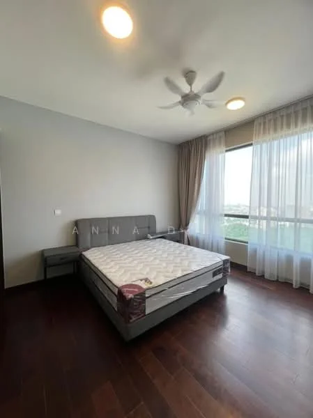 Bedroom features: queen-size bed, upholstered headboard, wooden flooring, floor-to-ceiling window, sheer curtains, 5-blade ceiling fan, nightstand, decorative wall, city view; style: modern; view: city.