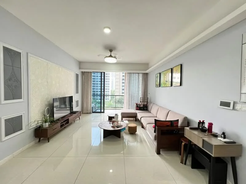 Living features: light grey painted walls, white ceiling with recessed downlights, large floor-to-ceiling windows, sliding glass door, cream-colored sofa, wooden coffee table, TV console with TV, decorative wall art, area rug, ceiling fan, wooden side table, plant in ceramic pot, curtains, open shelving unit; style: modern; view: city.