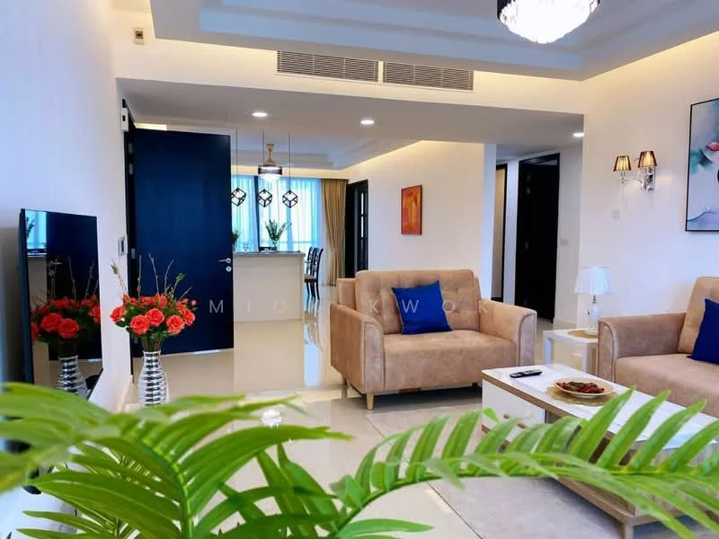 Living features: cream painted walls, polished concrete flooring, 5-blade ceiling fan with light, chandelier, sofa in beige fabric, 2-seater sofa, coffee table, wall-mounted TV, decorative wall sconce, framed artwork, houseplants in ceramic pots, area rug with geometric pattern; style: modern. Kitchen features: open-plan layout, kitchen island, dining area with table and chairs, floor-to-ceiling windows, curtains, light fixtures; style: modern.
