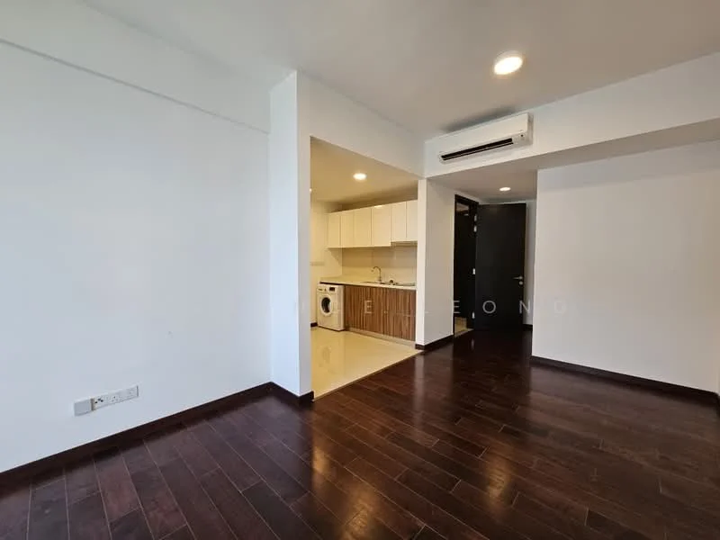 Living features: dark wood flooring, white painted walls, recessed downlights, wall-mounted air conditioning unit, open layout to kitchen, floor-to-ceiling windows, neutral decor, space for furniture arrangement; style: modern. Kitchen features: white cabinetry, stainless-steel washing machine, built-in oven, ceramic cooktop, single-bowl stainless-steel sink, chrome pull-down faucet, white tiled backsplash, countertop with space for appliances; style: modern.