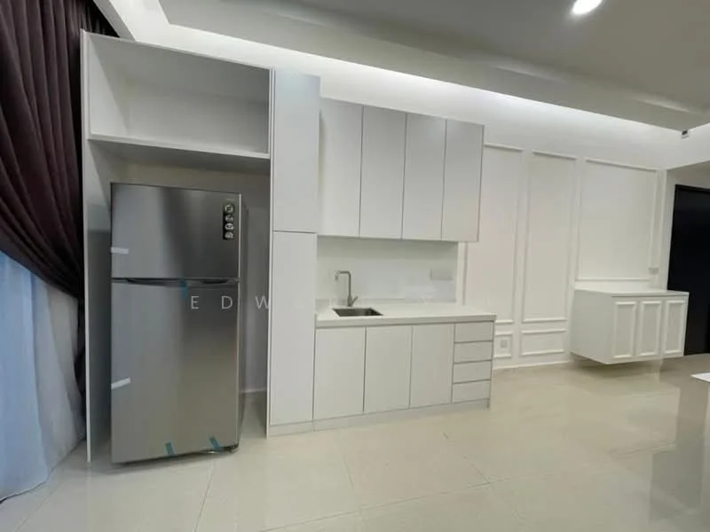 Kitchen features: white cabinetry, single-bowl stainless-steel sink, chrome pull-down faucet, stainless-steel fridge, white countertop, ceramic tile flooring, recessed downlights, floor-to-ceiling window with sheer curtains; style: modern.