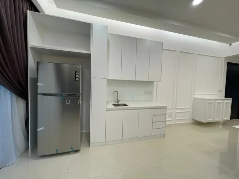 Kitchen features: stainless-steel fridge, single-bowl stainless-steel sink, chrome pull-down faucet, white cabinetry, flat-panel cabinet doors, white countertop, tile backsplash, recessed downlights, cream tiled flooring, floor-to-ceiling window treatments; style: modern.