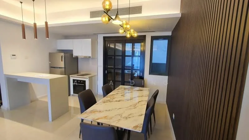 Dining features: 6-seater dining table with marble top, upholstered dining chairs in dark fabric, pendant lighting with multiple bulbs, white painted walls, wood panel accent wall, floor-to-ceiling windows, sliding glass door, ceramic tile flooring, kitchen island with bar seating, stainless-steel fridge, built-in oven, stainless-steel range hood; style: modern.