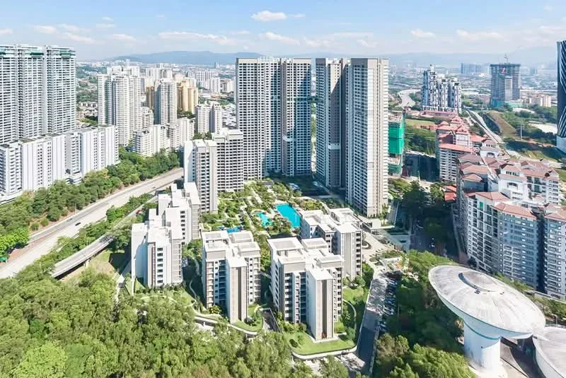 Exterior type: high-rise condominium; features: multiple high-rise buildings, landscaped gardens, swimming pool area, surrounding greenery, proximity to main road, urban skyline in background, modern architectural design, open space with pathways; style: modern.