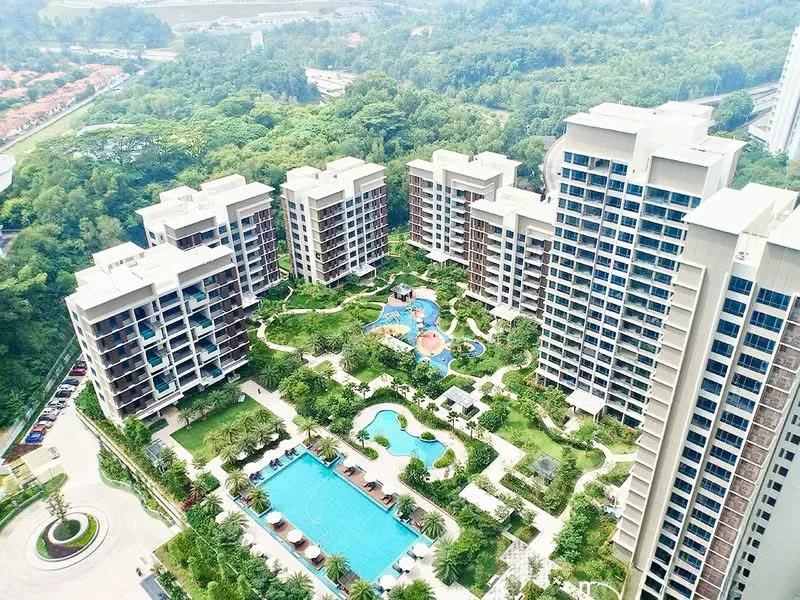 Exterior type: high-rise condominium; features: multiple high-rise buildings, landscape garden, infinity pool, children's playground, swimming pool deck with loungers, manicured lawns, tropical landscaping, paved walkways, parking lot, surrounded by greenery; style: modern.