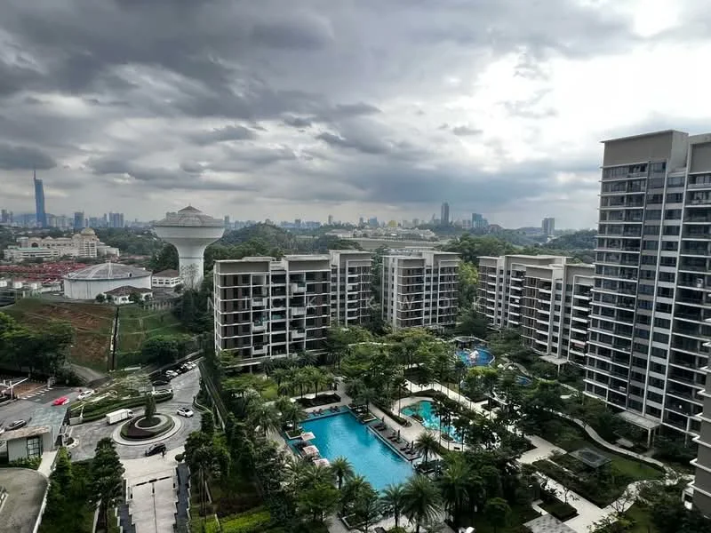Exterior type: high-rise condominium; features: multiple low-rise buildings, infinity pool, landscaped gardens, water feature, surrounding greenery, city skyline view, water tower, driveway with interlocking pavers; style: modern.