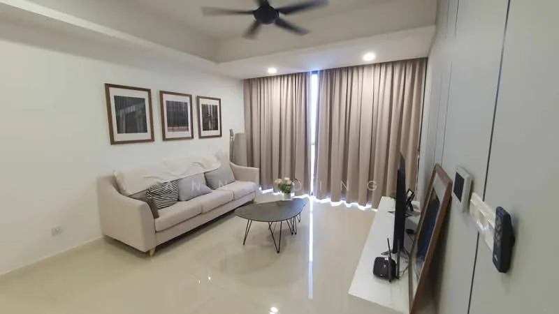 Living features: 3-seater fabric sofa in light beige, round coffee table with metal base, wall-mounted TV, TV console, floor-to-ceiling windows, sheer curtains, cream painted walls, polished tile flooring, ceiling fan with light, framed artwork on walls; style: modern.