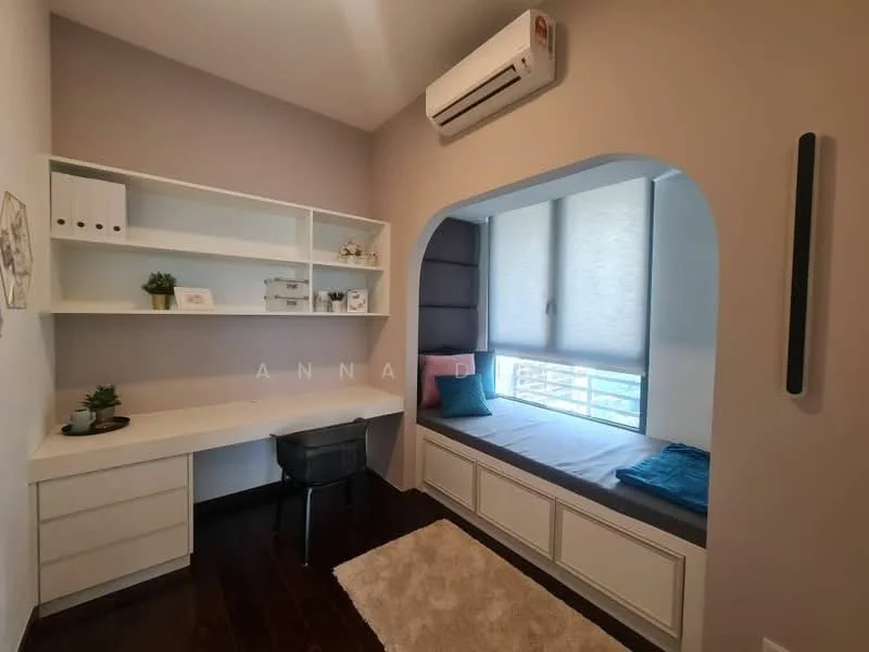 Room features: built-in desk with drawers, black office chair, window seat with cushions, floor-to-ceiling window, roller blinds, light grey painted walls, dark wood flooring, air conditioning unit on wall, shelves above desk, decorative plants; style: modern.