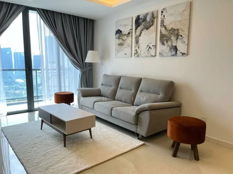 Living features: 3-seater fabric sofa in grey, wood coffee table, area rug, floor-to-ceiling windows, curtains, 2 accent stools in orange, decorative wall art, recessed ceiling lights, marble flooring; style: modern; view: city.