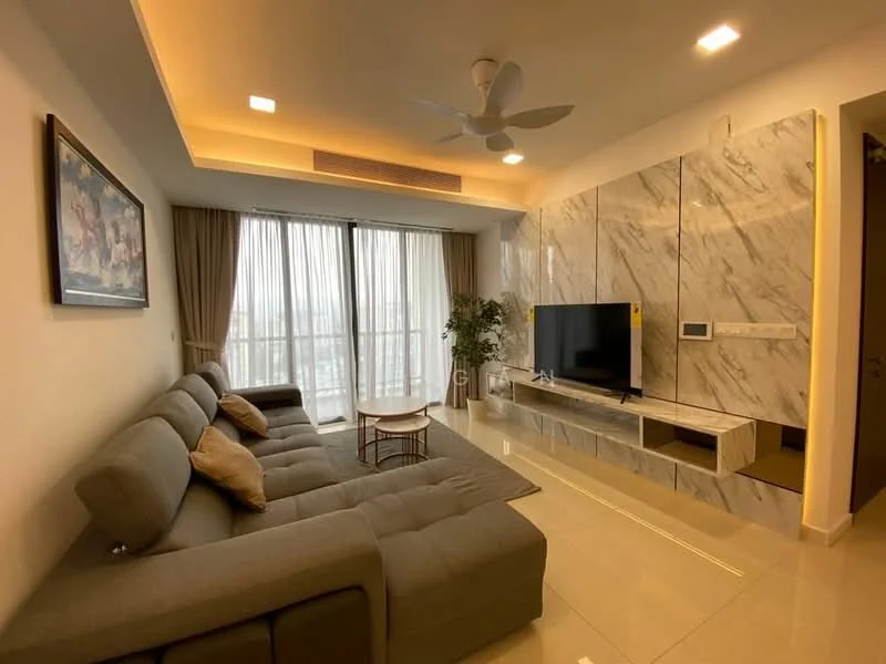 Living features: L-shape sectional sofa in grey, coffee table, wall-mounted TV, TV console with marble finish, floor-to-ceiling windows, sheer curtains, recessed downlights, ceiling fan, marble flooring, decorative wall art, indoor plant; style: modern; view: city.