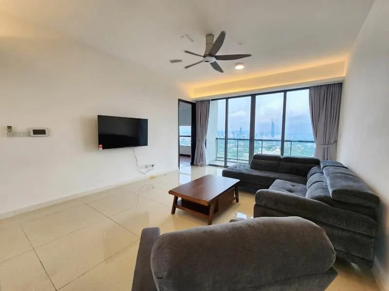 Living features: grey fabric L-shape sectional sofa, 2-seater grey fabric sofa, wood coffee table, wall-mounted flat-screen TV, floor-to-ceiling windows, city skyline view, recessed LED downlights, ceiling fan with light, cream painted walls, glossy tile flooring; style: modern; view: city.