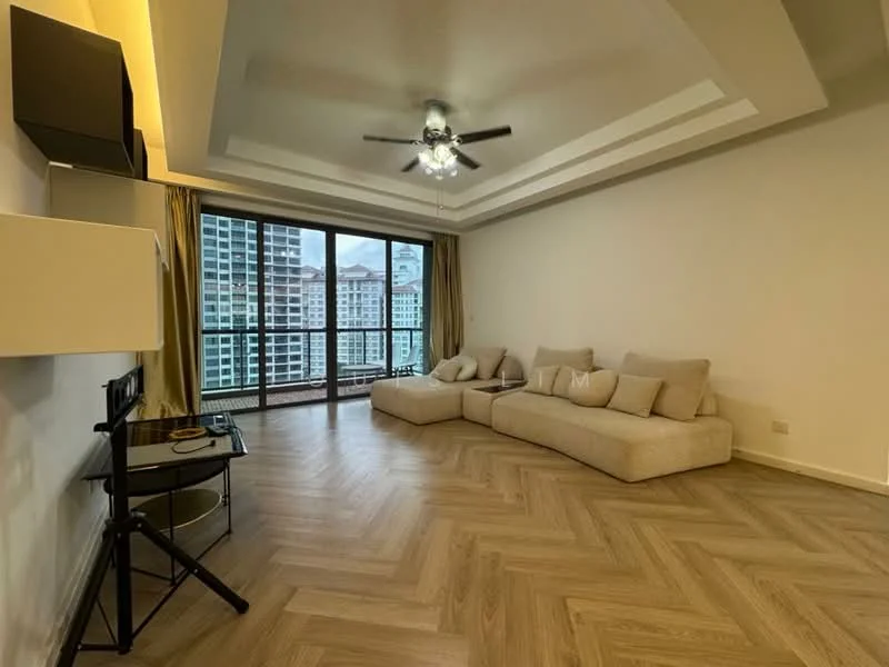 Living features: L-shape sectional sofa in beige, ceiling fan with light, wooden flooring, floor-to-ceiling windows, curtains, TV console, wall-mounted TV, recessed ceiling with tray design, decorative ceiling lights, open layout; style: modern; view: city.