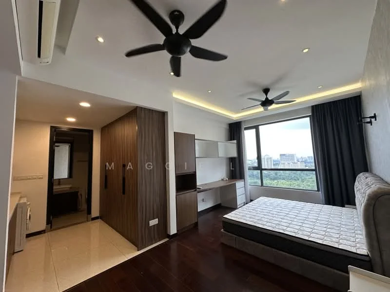 Bedroom features: king-size bed, upholstered headboard, 2 ceiling fans, floor-to-ceiling windows, blackout curtains, wooden flooring, built-in wardrobe with sliding doors, wall-mounted shelf, recessed downlights, decorative wall paneling, view of city skyline; style: modern; view: city. Bathroom features: single-sink vanity with wood cabinet, chrome basin mixer, framed mirror, toilet, shower with glass enclosure, tile cladding to ceiling; style: modern.