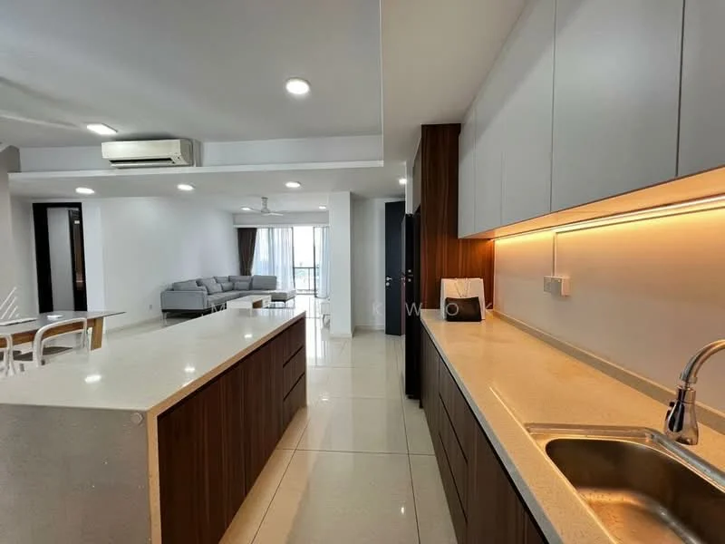 Kitchen features: white cabinetry, wooden cabinetry, quartz countertop, single-bowl stainless-steel sink, chrome pull-down faucet, built-in oven, stainless-steel range hood, 4-burner gas hob, recessed LED downlights, tile flooring, open-plan layout, island with seating, wall-mounted split AC; style: modern. Living features: 3-seater fabric sofa in grey, coffee table, TV console, area rug, floor-to-ceiling windows, curtains, ceiling fan; style: modern; view: city.