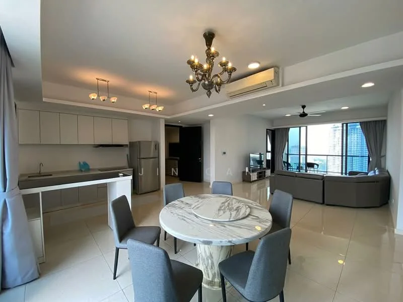 Living features: marble dining table, 6 upholstered dining chairs, sofa in grey fabric, coffee table, wall-mounted TV, refrigerator, built-in kitchen cabinets, stainless-steel sink, chrome pull-down faucet, pendant lighting, recessed downlights, floor-to-ceiling windows, curtains, air conditioning unit, tile flooring; style: modern; view: city.