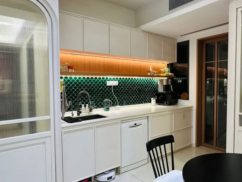Kitchen features: white cabinetry, green hexagon tile backsplash, white countertop, single-bowl stainless-steel sink, chrome pull-down faucet, built-in coffee machine, built-in refrigerator, under-cabinet lighting, open shelving, black dining chair, white tablecloth; style: modern.