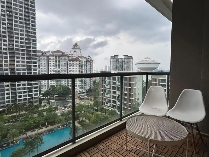 Balcony features: glass railing, outdoor seating with two white chairs, round table, wooden flooring, view of swimming pool, view of surrounding buildings, city skyline, overcast sky; style: modern; view: city.